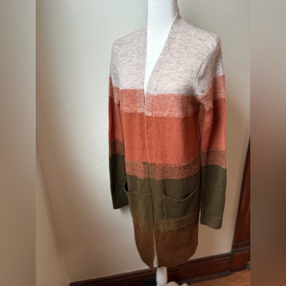 Hem & Thread Women’s Striped Open Cardigan Size M Cream, Green & Burnt Orange - Picture 3 of 7